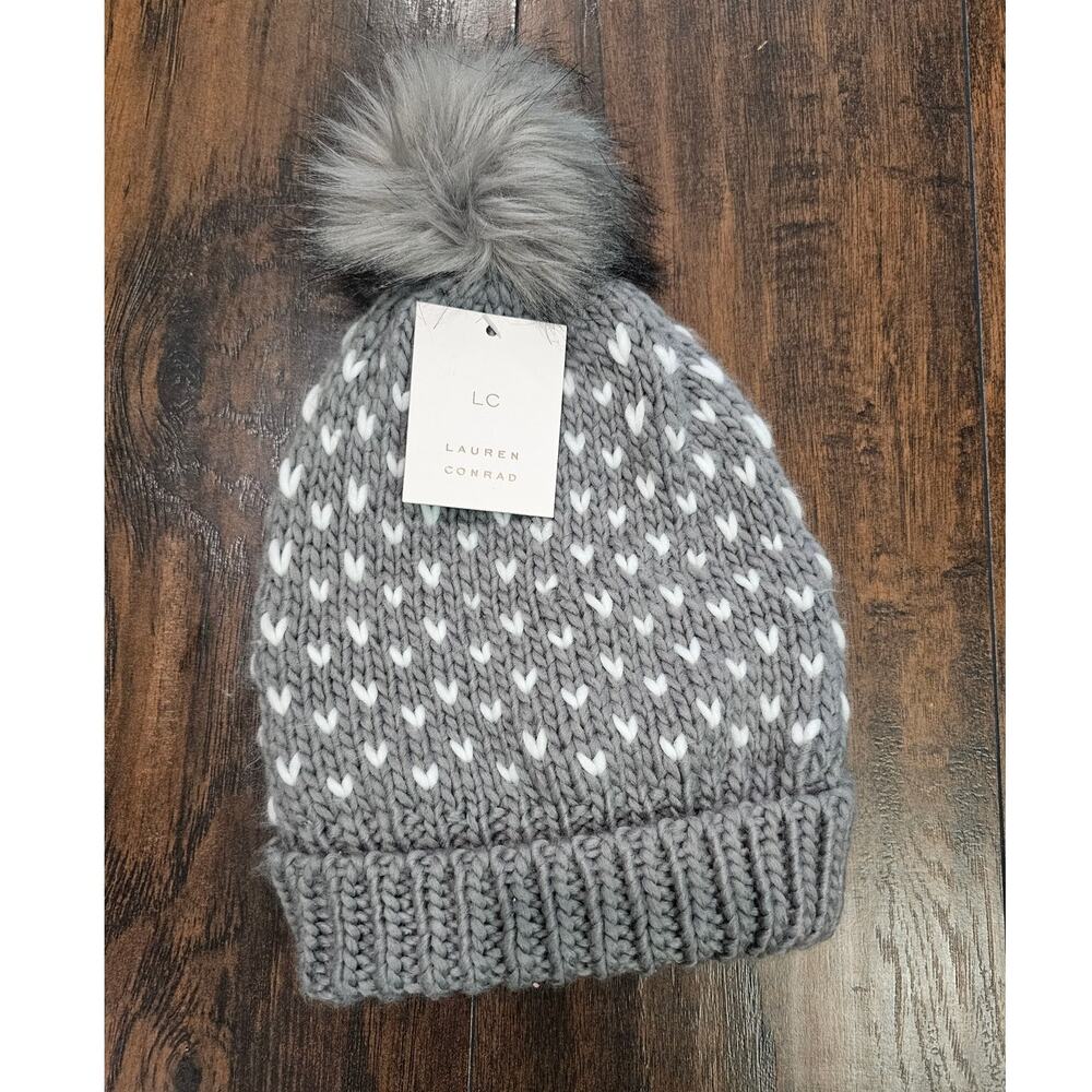 LC Lauren Conrad Hat Winter One Size Fit All Gray White